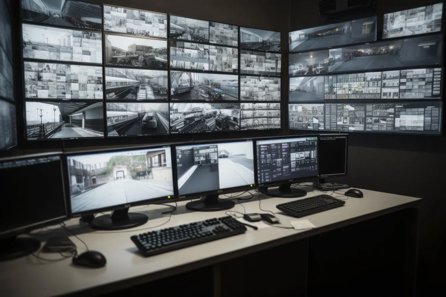 closed circuit television with multiple monitors watching the streets
